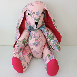 Vintage Handmade Pink Floral Fabric Bunny Rabbit Stuffed Animal Easter Decor 18"